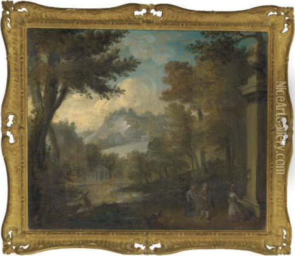 A Wooded Landscape With Elegant Company By A Lake Oil Painting - Watteau, Jean Antoine