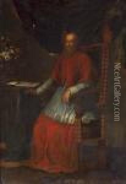 A Portrait Of A Seated Cardinal, Full-length Oil Painting - Scipione Pulzone