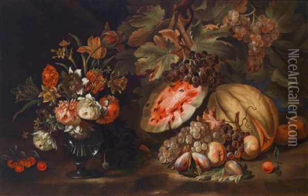 Ein Stillleben Von Blumen In Einer Glasvase Neben Wassermelonen, Feigen Und Trauben Auf Einer Tischkante Oil Painting - Nicola Casissa