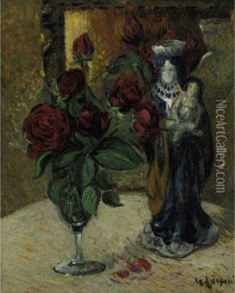 Statuette Et Roses Dans Un Vase Oil Painting - Gustave Loiseau