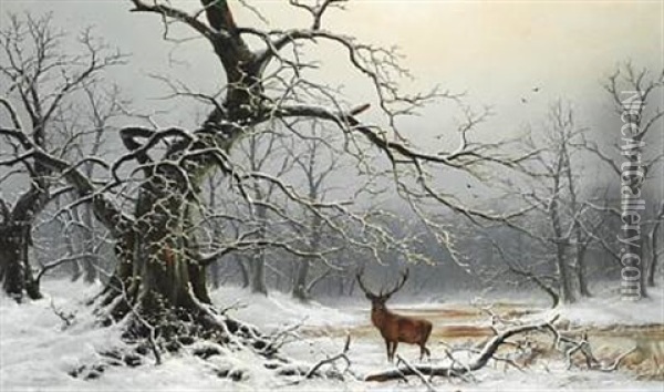 Winter Landscape With A Stag Oil Painting - Nils Hans Christiansen