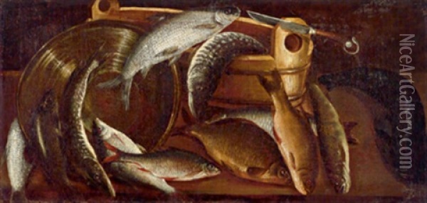 Fischstillleben Mit Gefasen Und Einem Messer Oil Painting - Sebastian Stosskopf