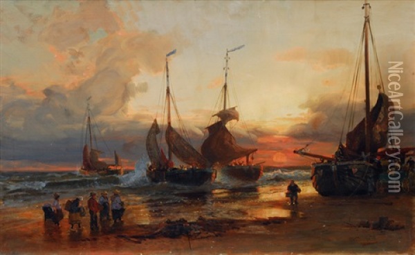 Fishing Boats On The Shore Oil Painting - Emil (Friedrich) Neumann