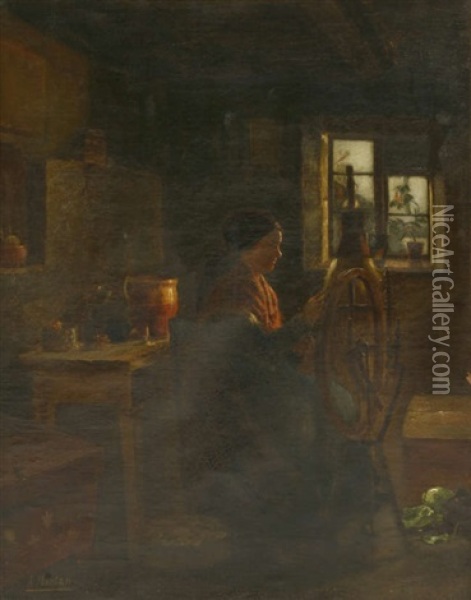 A Cottage Interior With A Woman At A Spinning Wheel Oil Painting - Anders Montan