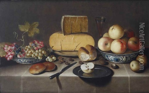 Cheese On A Silver Plate, Red And White Grapes And Apples In Porcelain Wanli Bowls, Bread Rolls, A Knife And A Sliced Apple On A Plate, All On A Draped Table Oil Painting - Roelof Koets