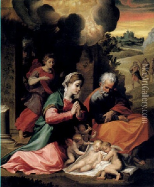 The Nativity And The Annunciation To The Shepherds Beyond Oil Painting - Michelangelo Anselmi