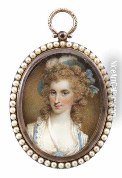 Portrait De Femme Au Chapeau Bleu A Plumes Oil Painting - Samuel Shelley
