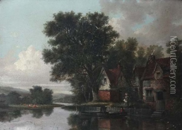 Houses By Country River Oil Painting - Pierre (Henri Theodore) Tetar van Elven