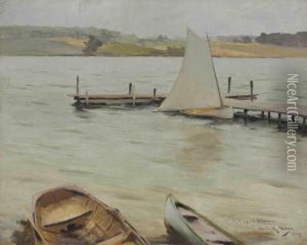 Boats Along The Shore, Silver Lake, New York Oil Painting - Irving Ramsay Wiles