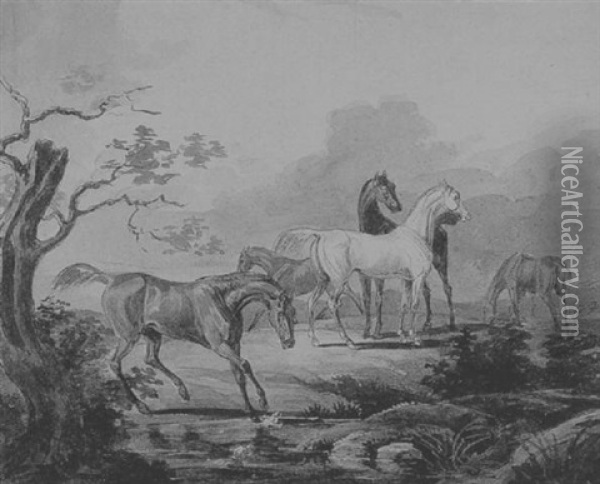 Vier Pferde Am Bach Oil Painting - Georg Maximilian Johann Von Dillis