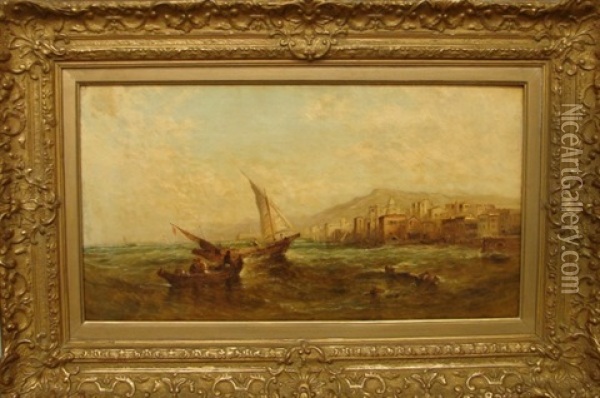 Seascape With Boats In Water By Coastline Oil Painting - Alfred Pollentine