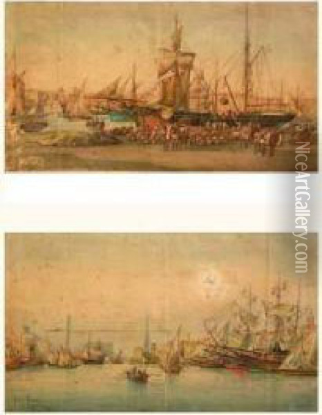 Vues Du Vieux-port : Le Debarquement Des Oranges Et Le Ponttransbordeur. Oil Painting - Emile Henry