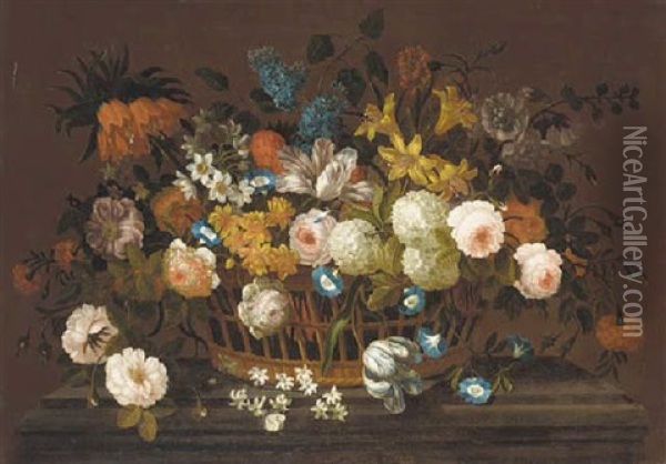 Lillies, Tulips, Roses, Hydrangea, Lilac, Chrysanthemums, And Other Flowers In A Basket On A Marble Plinth Oil Painting - Pieter Casteels III