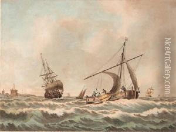 A Dutch Barge In Coastal Waters Oil Painting - John the Younger Cleveley
