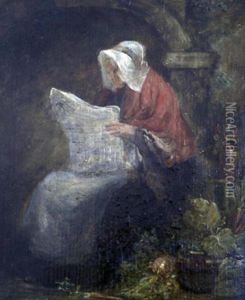 Vegetable Seller Reading A Newspaper Oil Painting - Frederick Goodall