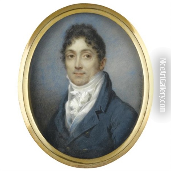 Portrait Of A Gentleman Wearing A Blue Coat With A White Waistcoat And Cravat Oil Painting - Francois Huet