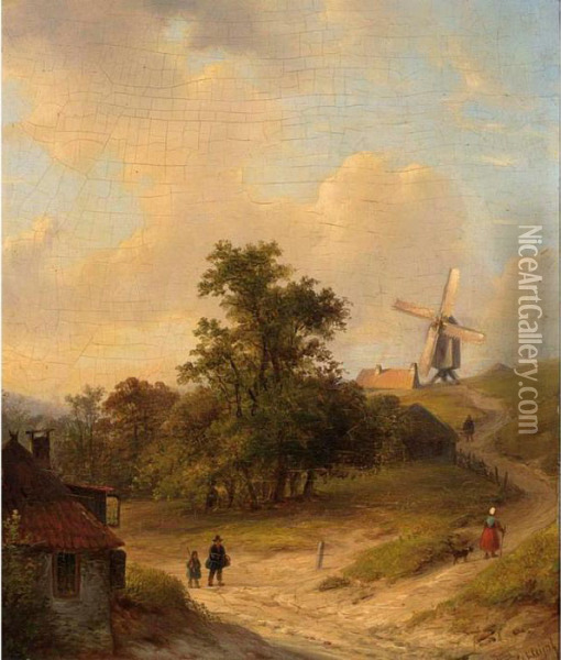 Figures On A Country Road, A Windmill In The Distance Oil Painting - Lodewijk Johannes Kleijn