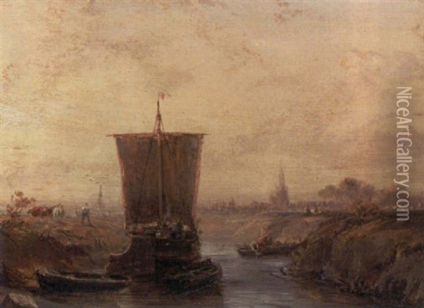 Harbor Scene With Ship Oil Painting - Louis-Gabriel-Eugene Isabey