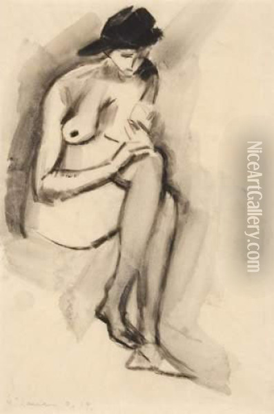 Seated Female Nude With Hat Oil Painting - Heinrich Nauen