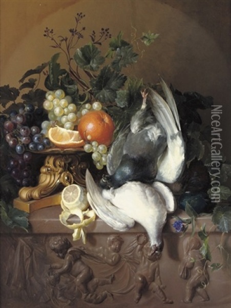 Fruits And Poultry On A Stone Ledge Oil Painting - Georgius Jacobus Johannes van (the Younger) Os