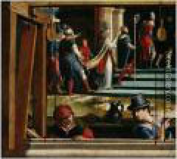 Saint Severus Entering A Church, Weavers At Work In The Foreground Oil Painting - Pieter Coecke Van Aelst