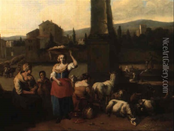 Shepherdesses And Goats By A Ruin Un An Italianate Landscape Oil Painting - Hendrick Mommers