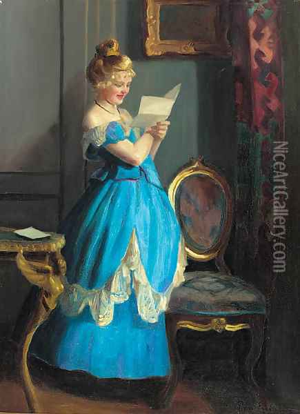 A lady in an interior reading a letter Oil Painting - Emil Pap
