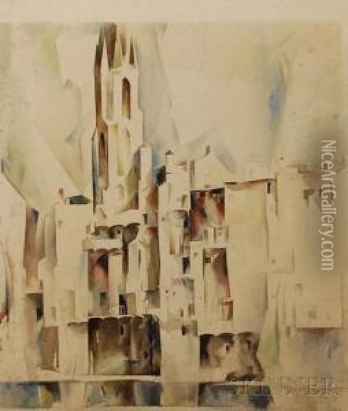 Cubist Villagewith Church Tower Oil Painting - Earl Horter