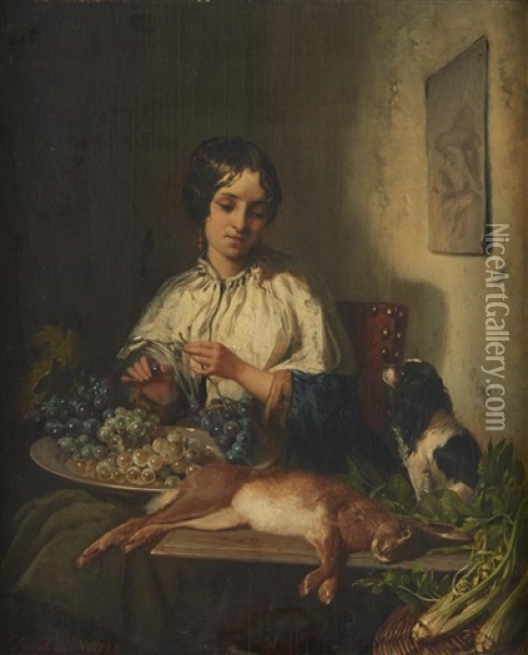 Jeune Fille Aux Raisins Et Au Chien Oil Painting - David Emile Joseph de Noter
