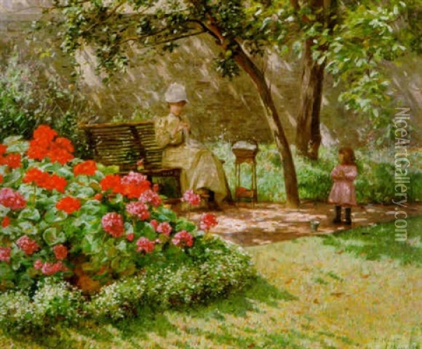 Nahstunde Im Garten Oil Painting - Henri Charles Julien Havet