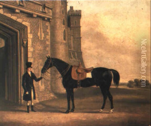A Groom Holding A Hunter Outside Windsor Castle Oil Painting - William Henry Davis