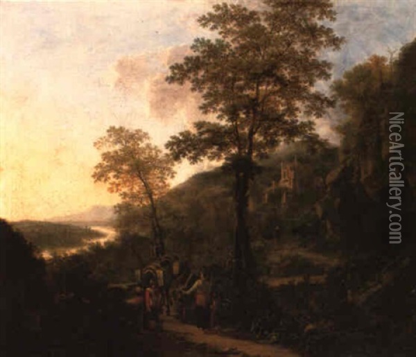 A Mountainous River Landscape With Travellers And Packmules On A Path Oil Painting - Willem de Heusch