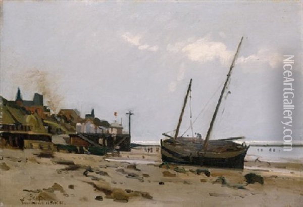 Ships On A Beach, Villerville, France, 1881 Oil Painting - Edward Darley Boit