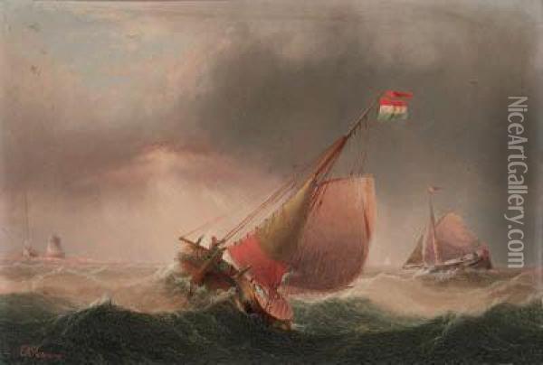 A Fishing Boat And Other 
Shipping In Choppy Waters; And A Dutchbarge In Choppy Waters, A 
Lighthouse Beyond Oil Painting - Edward King Redmore