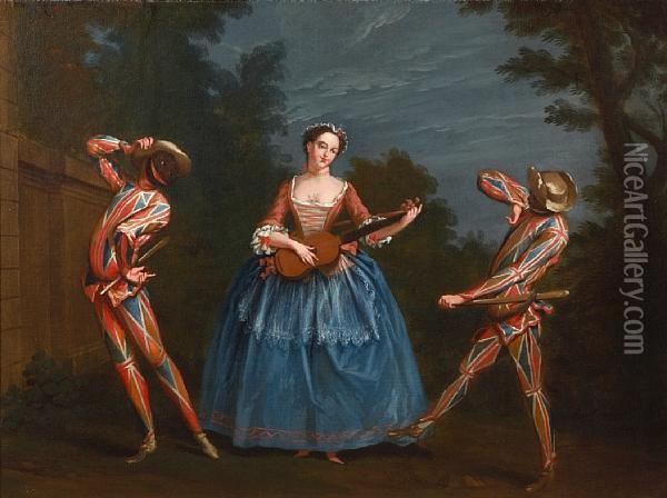 Commedia Dell'arte Figures In A Woodland Clearing Oil Painting - Claude Gillot