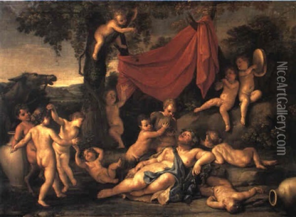 The Drunken Silenus Surrounded By Satyrs, Nymphs, Putti Oil Painting - Marc Antonio Franceschini