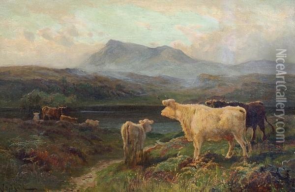 Highland Cattle Beside A Loch Oil Painting - Arthur Walker Redgate