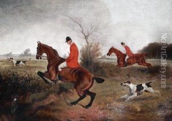 Huntsmen And Hounds Taking A Ditch Oil Painting - Edward Benjamin Herberte