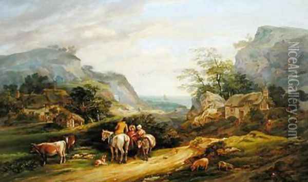 Landscape with figures and cattle Oil Painting - James Leakey