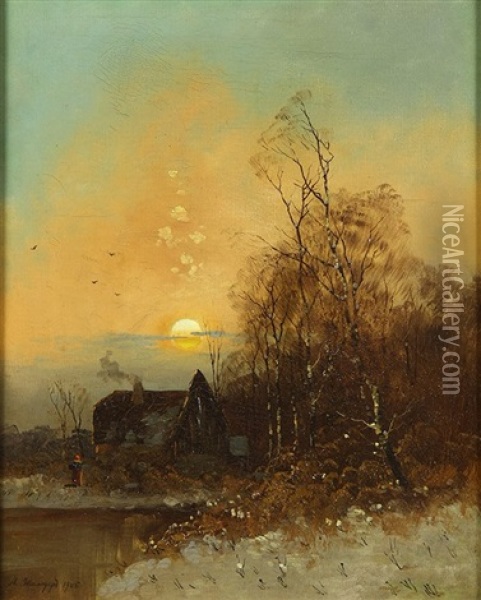 Winter Sunset Oil Painting - Andrei Nikolaevich Shilder