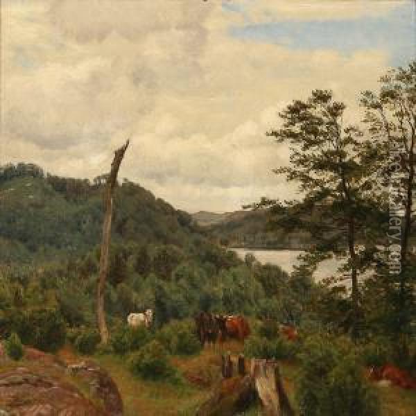 Landscape With Grazing Cows Oil Painting - Joakim Skovgaard