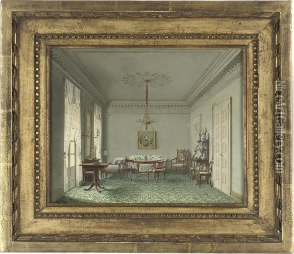 An Elegant Interior, Identified As A Palace Interior In Stuttgart,wurttemburg Oil Painting - Ludwig Holthausen