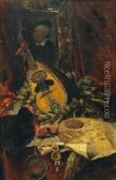 A Still Life With Musical Instruments And A Portrait Of Richard Wagner Oil Painting - Ferdinand Ii Wagner