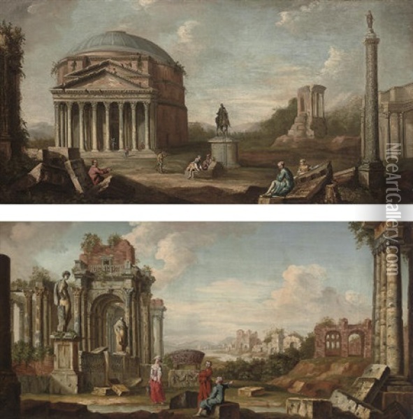 A Roman Capriccio Of The Pantheon With Figures Seated By Ruins (+ An Architectural Capriccio With Figures Conversing; Pair) Oil Painting - Adriaen Van Diest