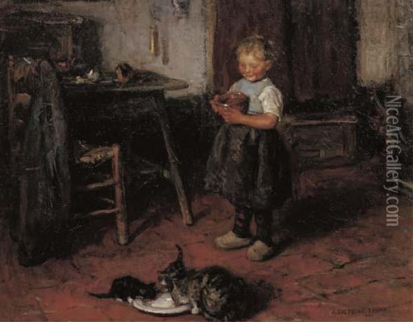 Feeding The Kittens Oil Painting - Jan Zoetelief Tromp