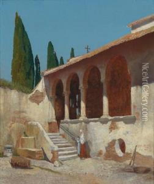 Monastery Courtyard In Tuscany With Decorative Figure Oil Painting - Robert Oerley