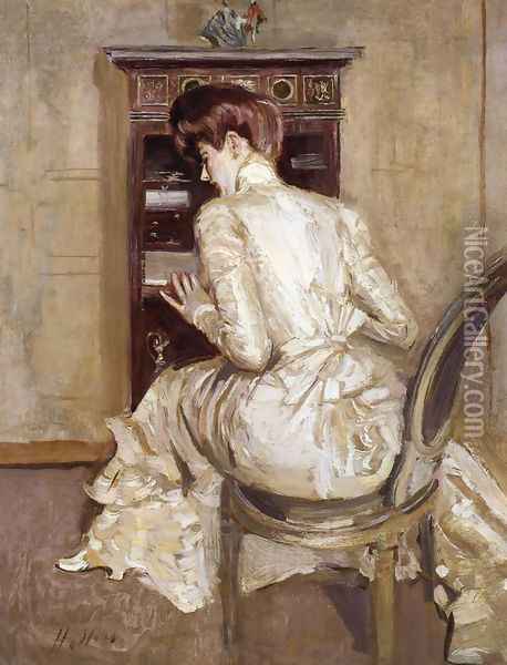 Madame Paul Helleu Seated at Her Secretaire, Seen from the Back Oil Painting - Paul Cesar Helleu