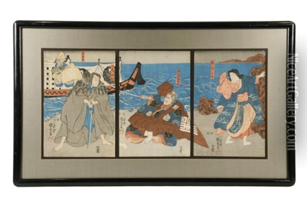 Yakusha-e Triptych Of Scene From The Kabuki Theatre Oil Painting - Utagawa Kuniyoshi