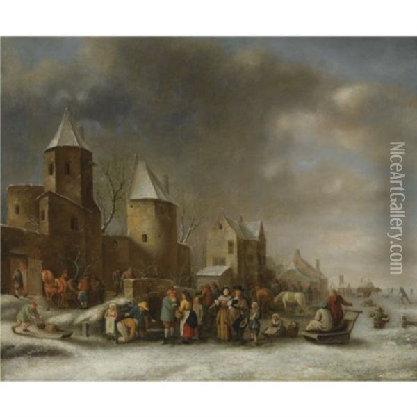 A Winter Landscape With Figures On A Frozen River Outside The Walls Of A Town Oil Painting - Nicolaes Molenaer