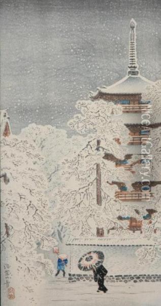 Figure By A Winter Temple. Oil Painting - Tadahashi Hiroaki